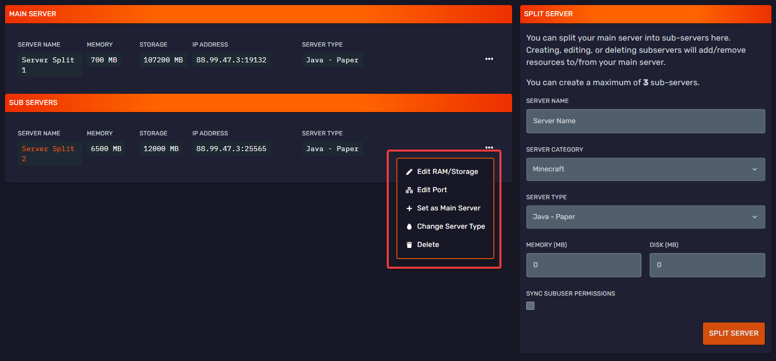 Server Split settings for resources, ports, and server type